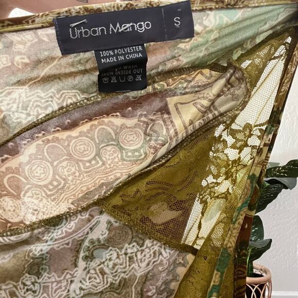 Y2K Green Paisley Printed Flare Sleeve Stretch Mini Dress - Picture 6 of 6